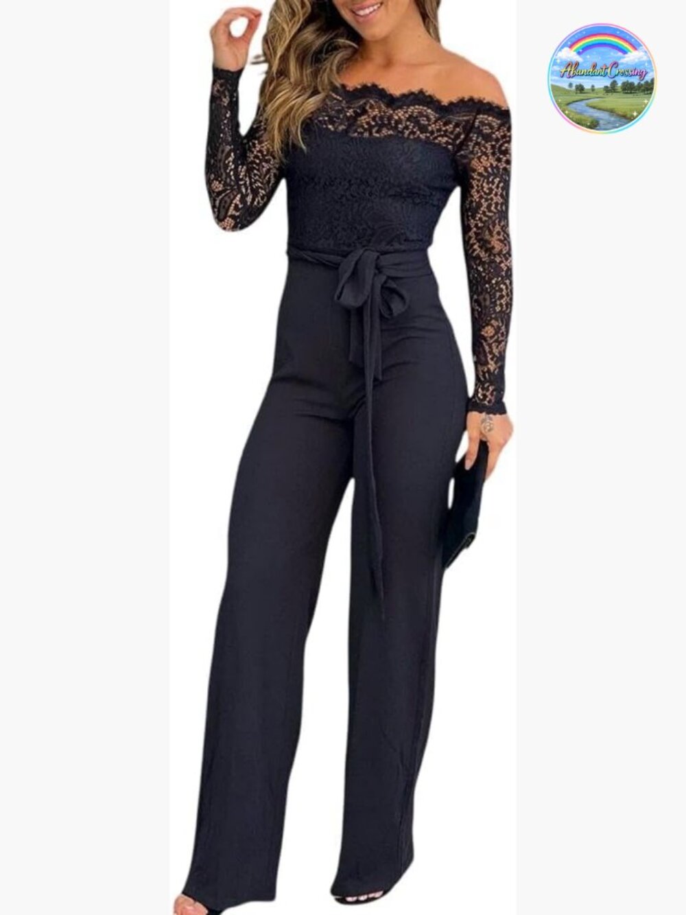Off Shoulder Lace Trim Jumpsuit with Belt Straight Leg Cocktail One Piece